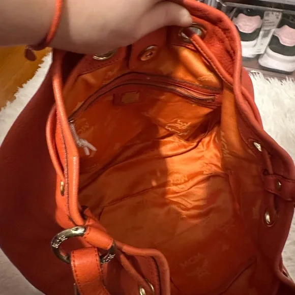 MCM Orange Leather Hobo Bag with Gold Details - Picture 6 of 16